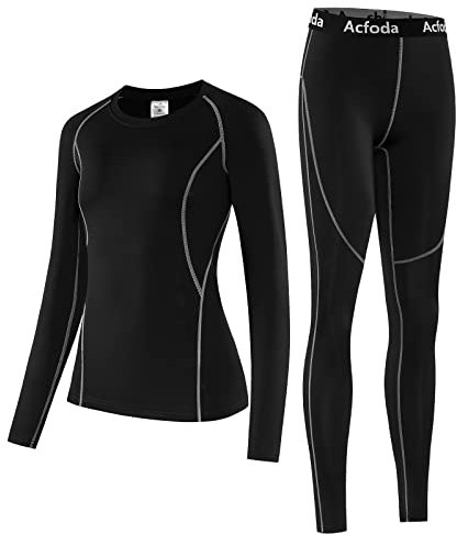 Acfoda Thermounterwäsche Damen Winter Skiunterwäsche Set Warm Funktionsunterwäsche Frauen Thermo Unterwäsche Motorrad Thermowäsche Atmungsaktiv Funktionswäsche Lang Ski Unterhemd Unterhose Schwarz 40