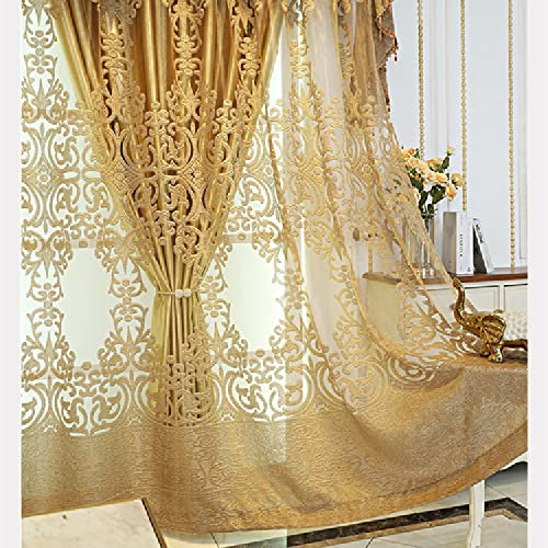 Amidoudou 1 Paar europäische Luxus-Fenstervorhänge für Wohnzimmer, Tüllvorhänge, Balkon, Schlafzimmer, Goldener Jacquard-Vorhang (Gold, 137 x 228 cm)
