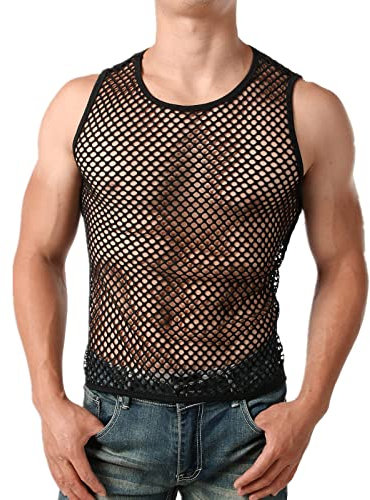 ROSVAJFY Mens Mesh Fishnet Vest Sexy See Through Tank Top Sheer Fitted Sleeveless String Undershirt, Stretch Muscle Tops Workout Hollow Out Tees Gym Sport Underwear for Clubwear Black