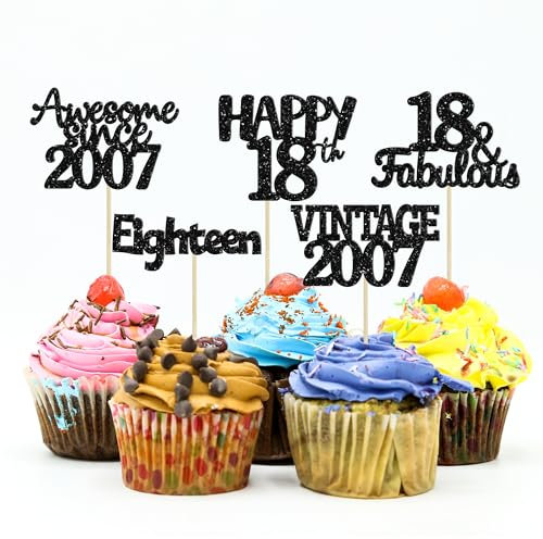 Gyufise 30Pcs Vintage 2007 Cupcake Toppers Glitter Eighteen Happy 18th Cupcake Picks Happy 18th Birthday Cake Decorations for Happy 18th Birthday Fabulous Anniversary Party Supplies Black