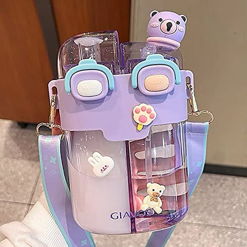 TIAASTAP Cute Water Bottle with Straw - Kawaii Kids Water Bottle with Strap Portable Plastic Drinking Bottle Aesthetic Water Bottle Girls Boys with Stickers for School Travel Sports Outdoor (Purple)