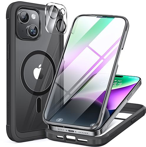 Miracase Magnetic Case for iPhone 15 Case 6.1-Inch, Full Body Bumper Clear Back Cover Compatible with MagSafe and Built-in 9H Tempered Glass Screen Protector + Camera Lens Protector (Black)