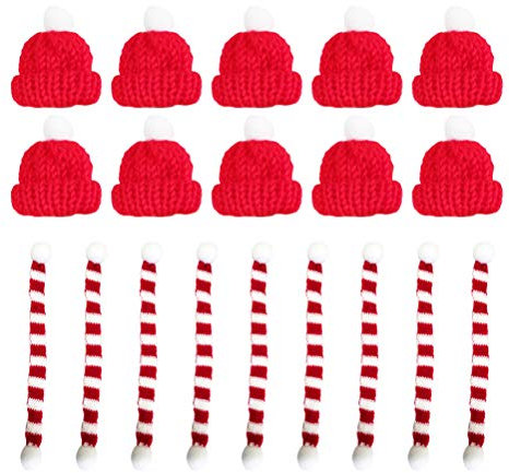 Wensmy 20pcs Mini Snowman Hats Scarf Wine Topper Covers Red Green Knitted Wool Ornament Mini Christmas Knit Hat and Scarf Set DIY Wine Bottle Caps Christmas Doll Crafts for Xmas Party (Red)