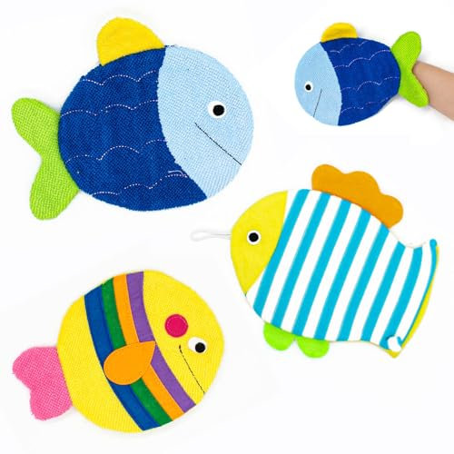 Lot de 3 gants de douche en forme de poisson de dessin animé, serviette de bain pour rester propre, ensemble d'éponges de nettoyage pour salle de bain et cuisine pour lave-vaisselle, nettoyage de