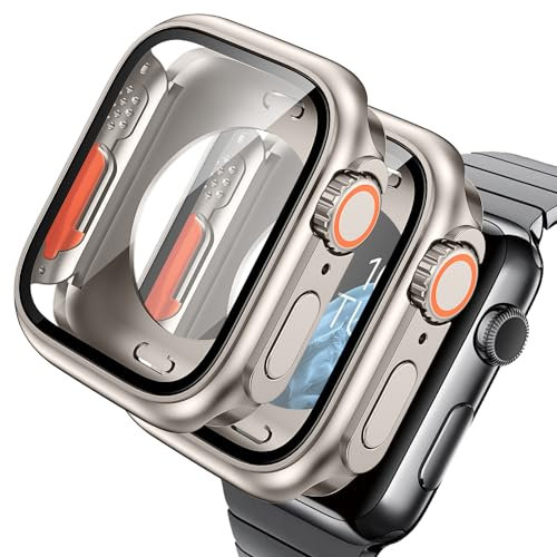AOKUTDA 2 Pezzi Duro Cover per Apple Watch Serie 9/8/7 41mm (L'aspetto Sembra Ultra e Ultra2) 360°Vetro Antigraffio Copertura Protettiva+Copertura Posteriore,per Apple Watch 9 41mm,Titanio oro