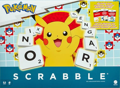 Mattel Games Scrabble Pokémon-Brettspiel, Familienwortspiel mit Zwei Spielmöglichkeiten, enthält 50 Herausforderungskarten mit Pokémon-Charakteren für 24 Spieler, Deutsche Version, HXT28