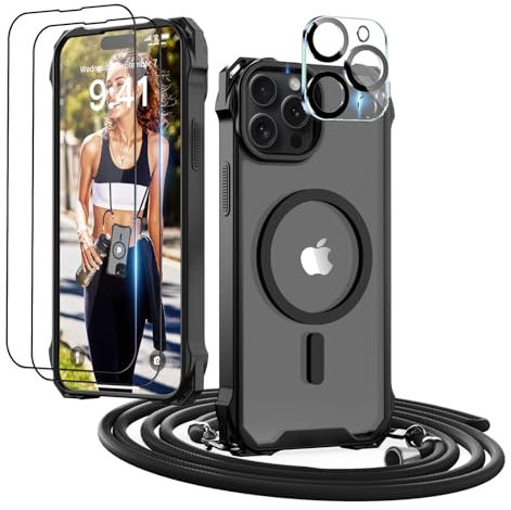 GUtttGU Handykette für iPhone 15 Pro Hülle mit Band mit 2 Displaychutzfolie Panzerglas + 2 Kamera Schutzfolie Transparent Handyhülle Kompatibel mit Magsafe Schutzhülle Case für iPhone 15 Pro Schwarz