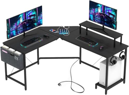 HaodaCulture Bureau Gaming Bureau d'angle Gamer, 158x133cm, Forme de L Surface en Fibre de Carbone, avec 2 Prises Electriques et 2 Ports USB, avec Support d'écran pour Etudier, Jouer et Travailler