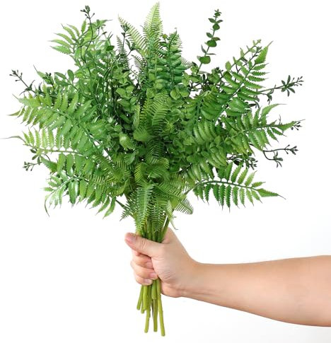 Dremisland 12 Piezas Planta Artificial 40cm Helecho Boston de Falso Arbusto Verdes Plantas de Plástico Resistente UV Rama para Jardinera Patio Boda Jarrones Hogar Jardín Granja (Color Mezclado)