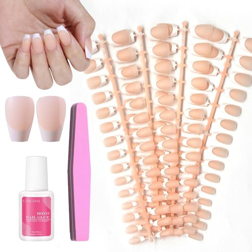 NLFOX 120Pcs Press On Nails Short - Frosted Nude Coffin False Nails with Glue - 15 Sizes French Tip Stick On Nails - Acrylic Full Cover Nail Tips for DIY Manicure at Home