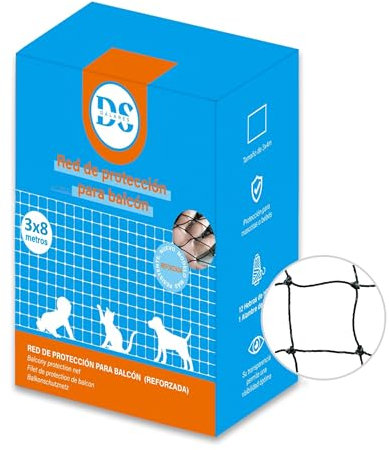 DALARES Red Reforzada para Gatos | 8x3m | Negra | Malla 12 Hebras+1 Alambre de Acero | Red de Protección de Malla Metálica Balcón Gatos, Terrazas y Ventanas | Red Ventana con Kit Instalación Incluido