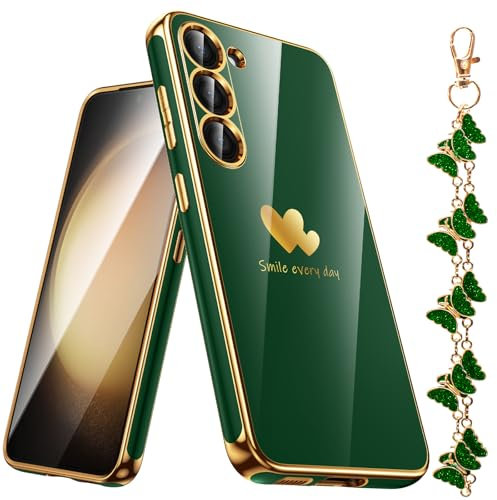 Nonional for Samsung Galaxy S23 5G Case with Phone Lanyard Wrist Strap [Butterfly Shape], Luxury Double Heart Pattern Plating Gold Edge Slim Soft Phone Cover Case for Galaxy S23 - Green