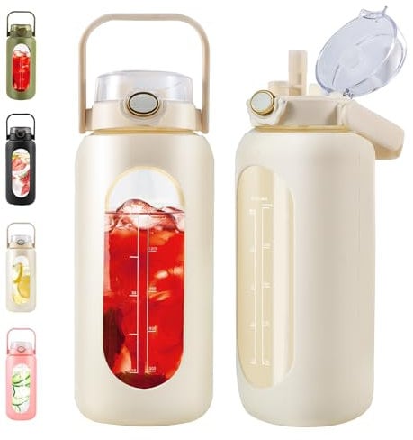 poweco Trinkflasche Glas 1,8L mit Strohhalm und Griff, 1800ml Wasserflasche Glas mit Silikonhülle, Motivation Glas-Trinkflasche mit Zeitmarkierung, Glasflasche für Gym, Sport, Outdoor. (Weiß)