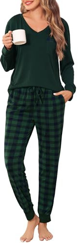 Vlazom Pyjama Femme Hiver Ensembles de Pyjama à Manche Longue Col en V Vêtements de Nuit à Carreaux Chaud Long,A-Vert/Navy,XL