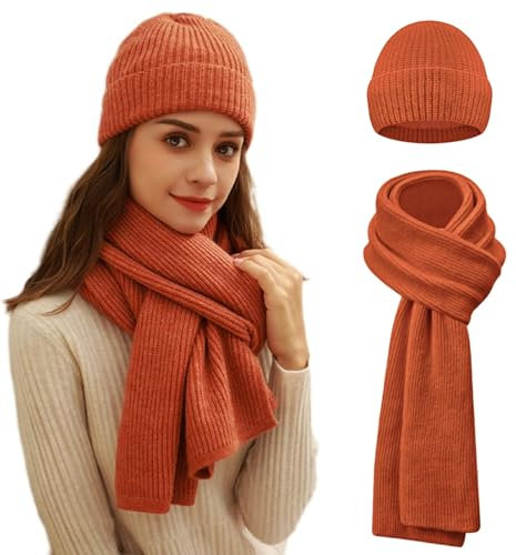 Tundwhite Damen Winter Mütze Schal Set, Thermo Wintermütze Strickmütze Beanie Winterhandschuhe Strickhandschuhe Schals Frauen Geschenk Weihnachten