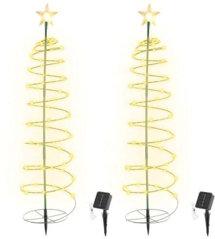 byepica Paquete de 2 luces solares de metal para árbol de Navidad, decoración de árbol de Navidad LED en espiral, iluminación solar para exteriores