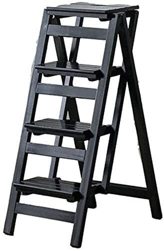 GXXINGIN Escabeau en Bois 4 marches Pliable escabeau/Chaise d'escalier en Bois (Noir)