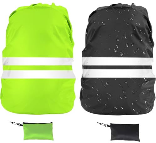 ElevaPulse 2 Stück Regenschutz Schulranzen, 18-30L Schulranzen Regenschutz, Regenschutz Rucksack, Rucksack Regenschutz, Ranzen Regenschutz, Step by Step Regenschutz Mit Reflektoren(Schwarz + Grün)