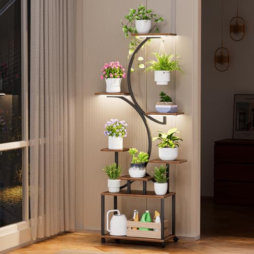 Mitoydoe Plant Stand Indoor with Grow Lights, 8-Tier Tree-Shaped Plant Stand with Storage and 3 USB Grow Lights - Modern Home Decor for Indoor Gardening and Multi-Purpose Use Brown