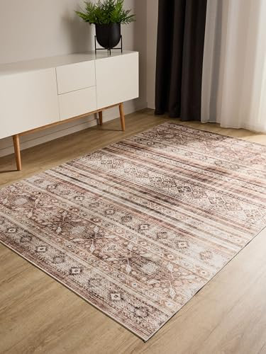 benuta Basic Waschbarer Teppich George - Braun 80x150 cm - Kunstfaser - Rechteckig & im Style: Vintage, Elegant, Retro - Pflegeleicht für Wohnzimmer Schlafzimmer
