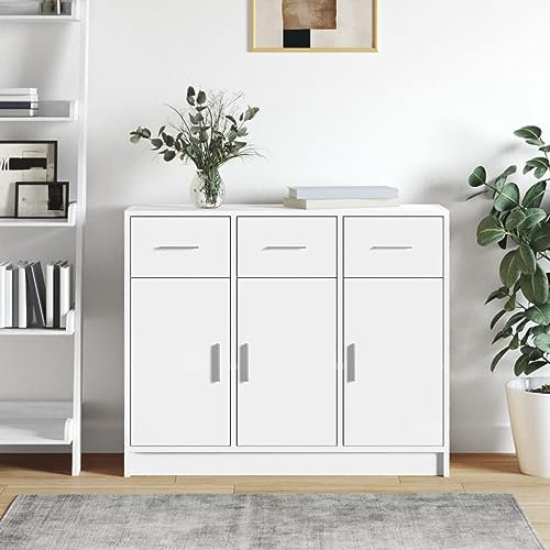 Myheimly Sideboard, Kommode mit viel Stauraum, Mehrzweckschrank Schrank mit Türen Schubladen, Beistellschrank Anrichte Wohnzimmer, Holzwerkstoff Sideboard Weiß