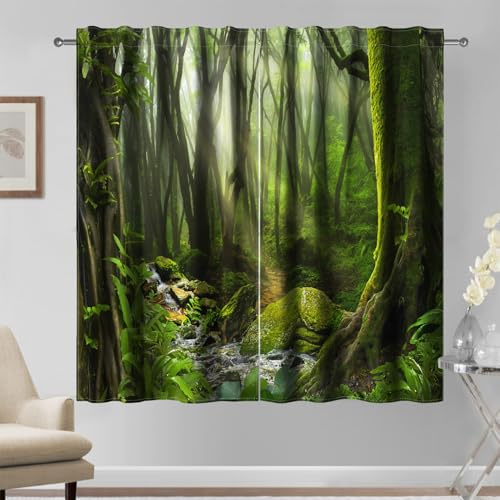 Kzzfqxb 135x229cm Waldvorhänge Set von 2 Paneelen, Sonnenlicht Grüner Wald Gräser Fließender Bach Moosige Steine Fenstervorhänge, Wohnzimmer Schlafzimmer Gardinen, Tiefer Schlaf