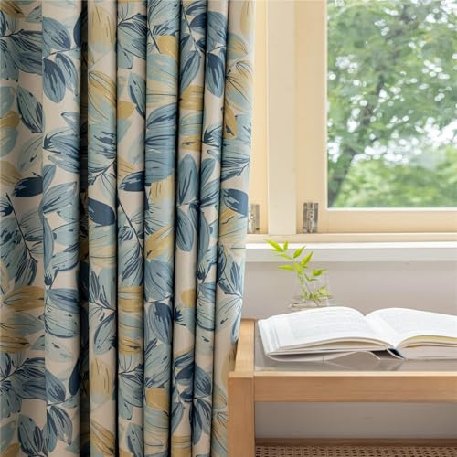 Calefee Wohnzimmer Gardinen Blickdicht, Vorhänge für Fenster 2er Set Polybaumwolle Leinenoptik mit Blauem Blätterdruck mit Ösen, 250x270cm