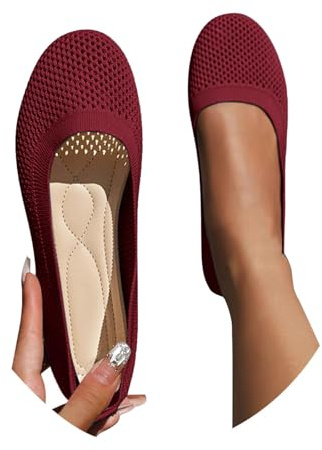 Ladies' Wide Fit Knit Ballet Flats Stretch-Knit Slip-On Work Shoes Office Comfort Pumps with Round Toe Breathable Solid Colour Dress Flats UK