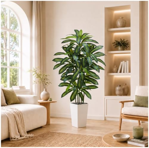 TNGGNT Artificial Plants Dracaena Tree 5FT, Large Artificial Plants Indoor with White Tall Planter, Tall Fake Floor Plant in Pot Indoor Decor, Fake Dracaena Tree for Home Living Room Office Decor