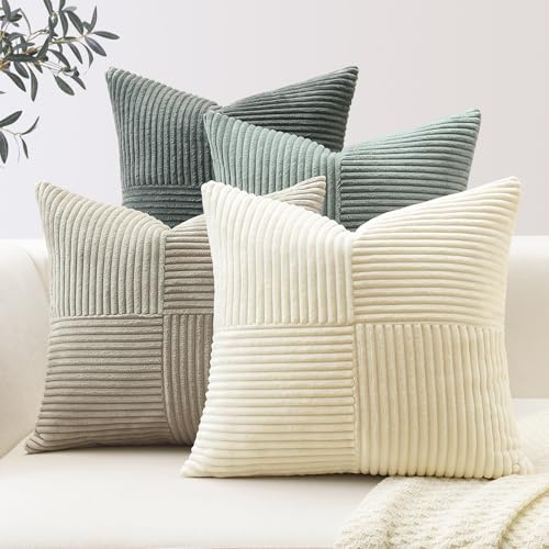 Sungeek 4er Set Cord Kissenbezüge, Kreuz Streifen Muster Kordsamt Kissenbezug Sofakissen Dekokissen Patchwork Design Deko Zierkissenbezüge Kissenhülle für Wohnzimmer (60x60cm, Neutral Grau)