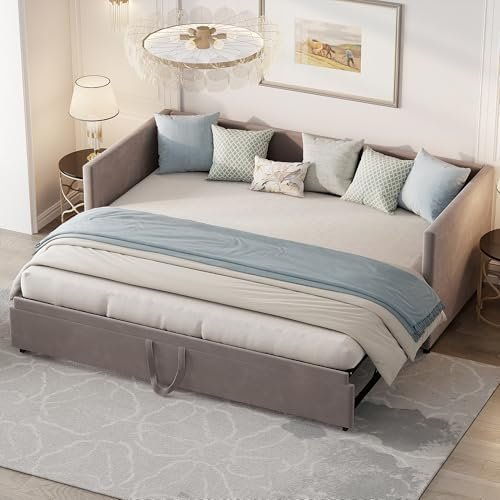 DAHUEN Schlafsofa 90/180x200 cm, Ausziehbett, 2-Sitzer Sofa mit Schlaffunktion, Sofabett Ausziehbar zum Doppelbett, Funktionsbett, Gästebett klappbar, Mit Lattenrost, Samtstoff (Grau, 90/180x200cm)