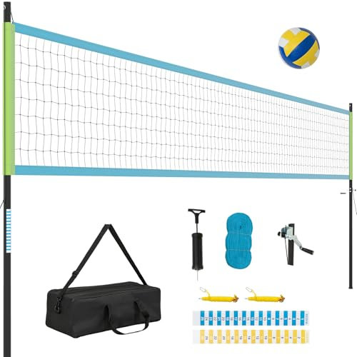 COSTWAY Volleyballnetz Outdoor, 9,5 x 1 m Pool Volleyball Netz Höhenverstellbar mit Ständer, Volleyball, Hammer, Pumpe & Tragetasche, tragbare Beachvolleyball für Garten, Strand, Hinterhof (Grün)