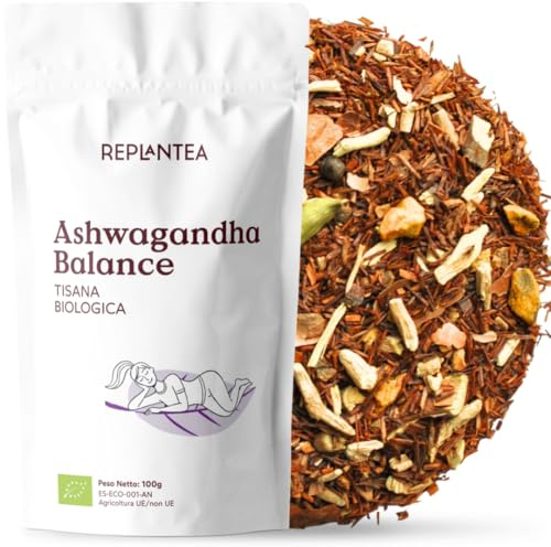 REPLANTEA Tisana Biologica Ashwagandha Balance 100g | Infuso Rilassante e Antistress con Curcuma e Zenzero | Miscela Adattogena Naturale | Rooibos Chai in Foglie Senza Caffeina