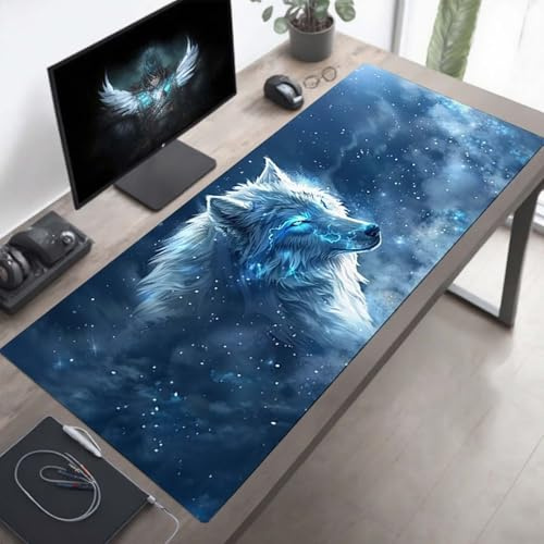Mouse Mat, Gaming Mouse Pad Wolf, 160 x 80cm Large Mause Mat Blue, Non-Slip Rubber Base Accessories, Waterproof, Stitched Edges Improved Precision and Speed PjY14460 0-C