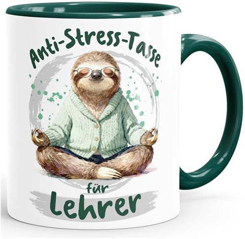 MoonWorks® Kaffee-Tasse Geschenk Lehrer Anti Stress Bürotasse Faultier Lustig Arbeit Job Keramikbecher Weiss-innen-gruen standard