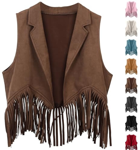 Cowgirl Weste Mädchen Khaki Hippie Kleidung Fransenweste Kinder Boho Ärmellos Denim Vintage Jacke 70er Cowboy Cardigan Wildwest Outfit Trachtenweste Oktoberfest Fasching Karneval Grün Orange 100 104
