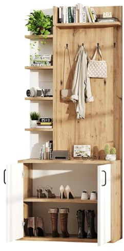 DRIXNO 3-in-1 Hall Tree with Shoe Cabinet, 2-Door Shoe Rack & 5-Tier Shelf, Freestanding Entryway Coat Stand with Hooks, 180cm Tall, White & Oak Finish, Modern Hallway Storage Furniture