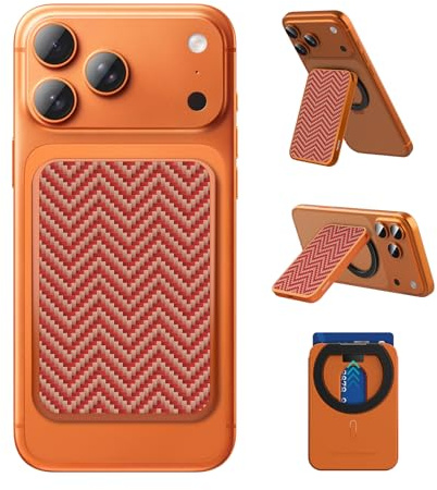 Nillkin MagSafe Kartenhalter mit Ständer, Magnetischer Wallet für iPhone 17/16/15/14, Platz für 3 Karten, Verstellbarer Handy Ständer, Aramid Faser Ultra Dünn für Samsung Galaxy S26/S25/24, Orange
