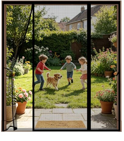 Magnetic Fly Screen for Double Doors, 3-Panel Side-Opening Mosquito Net, 4cm Widened Top Hook & Loop, Heavy Duty Mesh Curtain for French, Patio & Sliding Doors,185x210cm,Black