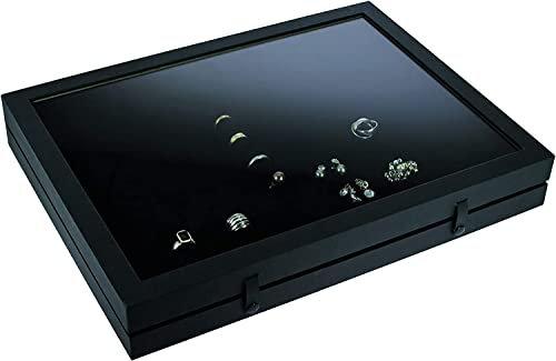 SAFE 5685 Sammel Vitrine Black Edition mit Echtglas Abdeckung | mattschwarzen Leinenstruktur-Oberfläche | Setzkasten für 48 Ringe, Mineralien, Manschettenknöpfe oder Schmuck | 40 x 30 x 5,5 cm