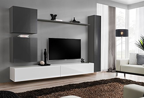 All4All Wohnwand SW 8 - Wohnzimmermöbel - Schrankwand für Wohnzimmer - Wohnzimmerschrank - Anbauwand Hängend -Modern - Grau+Weiß 21