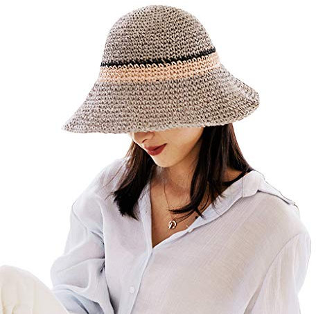 WITERY Trendy Women's Sun Hat Summer Straw Cap for Women Adjustable Summer Panama Fedora Wide Brim UPF 50+ Foldable Straw Beach Hat for Walking Fishing Travelling Grey