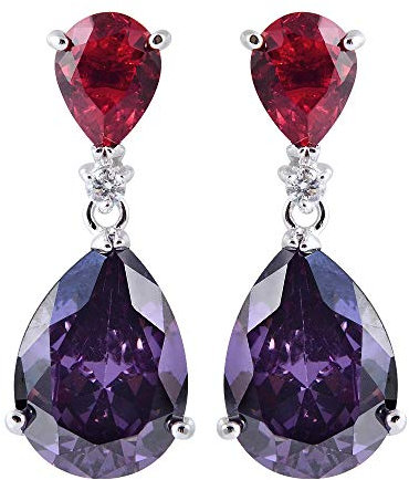 [RIVA CELEBOX] TRÄNE Gestochen Ohrhänger Ohrringe mit Tropfenschliff Edelstein Zirkonia CZ [Rot Rubin & Lila Amethyst] in 18K Weißes Gold Vergoldet, Promi inspiriert von Angelina Jolie