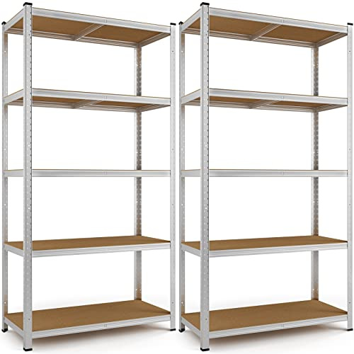 Deuba® 2x 4 Tier Heavy Duty Garage Shelving Unit 170x75x30cm Shelf Silver | Shed Racking, Galvanised Steel, Metal Shelving Units, Storage Shelves, Warehouse, Shed Rack, Workshop Bench, Garage Storage