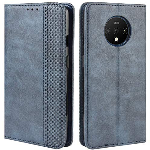 HualuBro Handyhülle für OnePlus 7T Hülle, Retro Leder Brieftasche Tasche Schutzhülle Handytasche LederHülle Flip Case Cover für OnePlus 7T 2019 - Blau