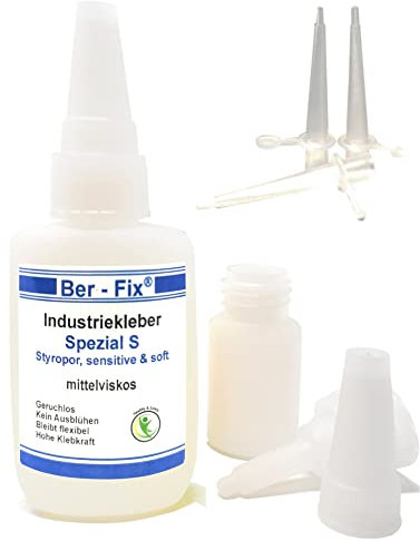 Ber-Fix Industriekleber Spezial S: Geruchsfreier Sekundenkleber, 50g - Inkl. 3 Feindosierspitzen, Verträglich & Stark für Mensch/Materialien, Flexibel - Für Kunststoff, Gummi, Metall, PMMA & Holz