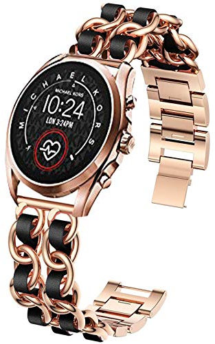 Giaogor Damen Kettenbänder Kompatibel mit Michael Kors Bradshaw 2, Edelstahlband Lederschlaufe Ersatzarmband für MK Access Gen 5 Bradshaw Smartwatch (Roségold-schwarz)