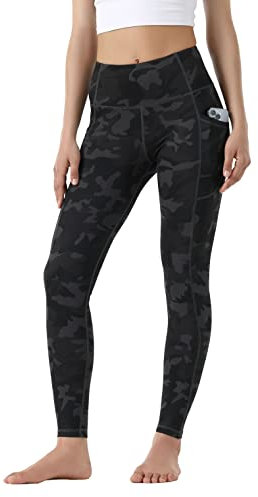 Leovqn Damen Sport Leggings Hohe Taille Blickdicht Yoga Hosen mit Taschen für Sports Laufen Joggen Training Freizeitkleidung Deep Coal Camo S