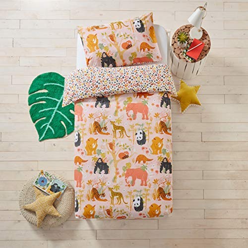 furn. Endangered Duvet Cover Set – Reversible Soft Breathable Easy Care Cotton Childrens Wildlife Animal Bedding (Pink – Toddler – 120x150cm)