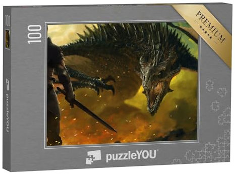 puzzleYOU: Puzzle 100 Teile „Krieger und EIN Drache“ – aus der Puzzle-Kollektion Drache, Tiere aus Fantasy & Urzeit